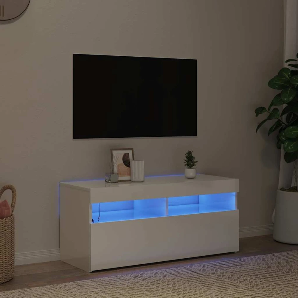 TV staliukas TV spintelė su LED apšvietimu, balta, 90x35x40cm, blizgi
