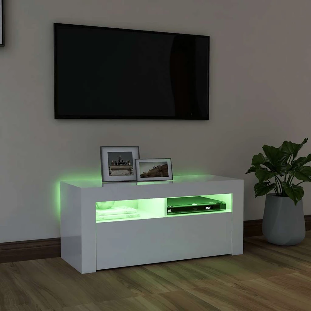 TV staliukas TV spintelė su LED apšvietimu, balta, 90x35x40cm, blizgi