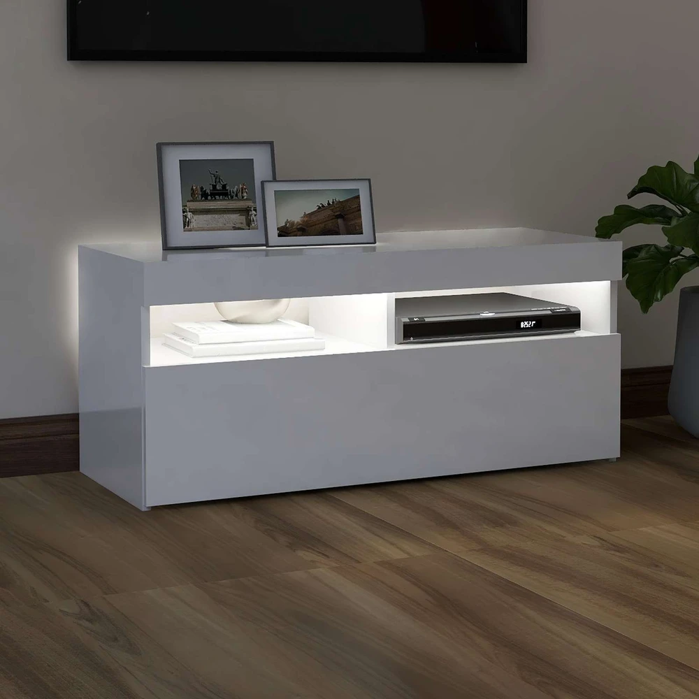 TV staliukas TV spintelė su LED apšvietimu, balta, 90x35x40cm, blizgi