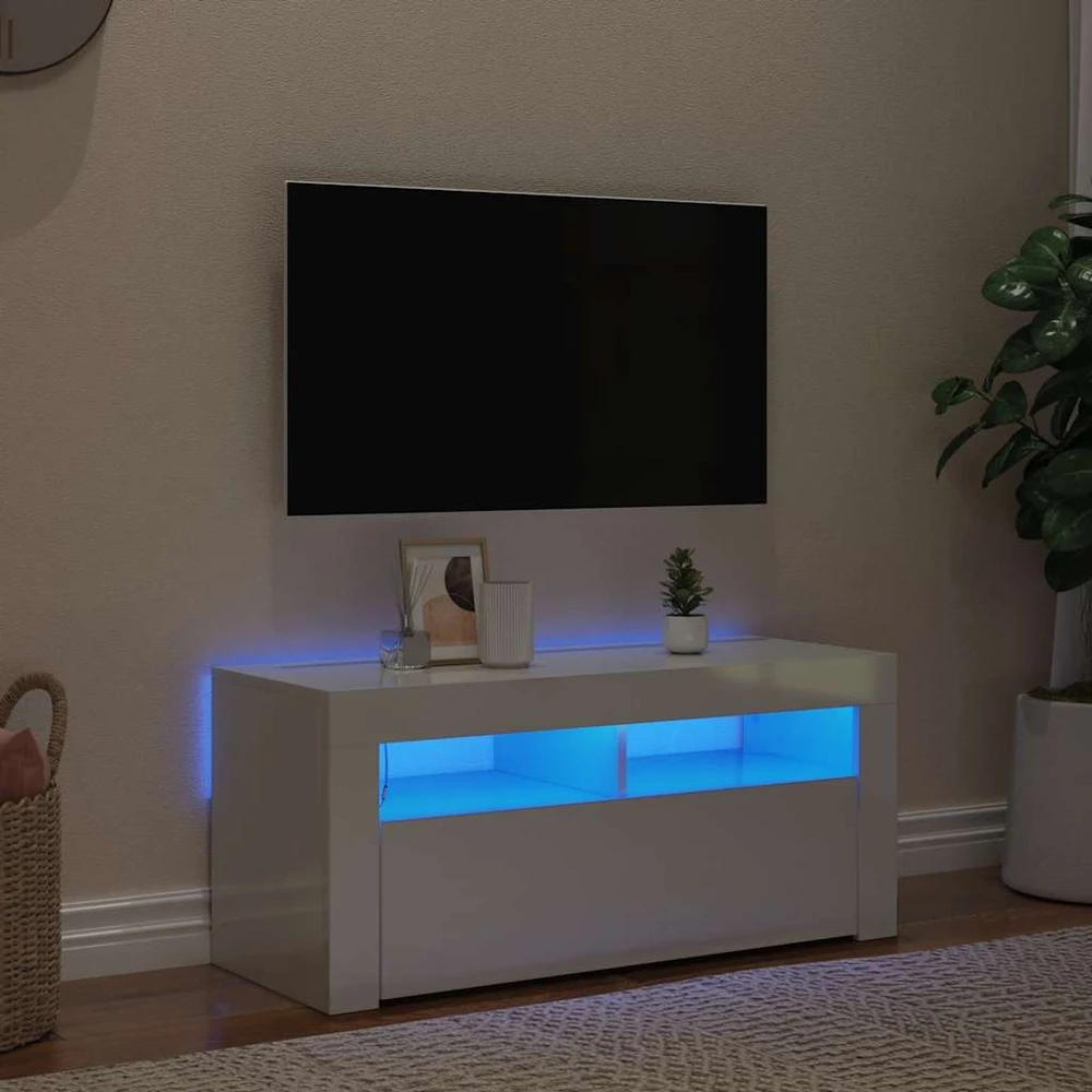 TV staliukas TV spintelė su LED apšvietimu, balta, 90x35x40cm, blizgi