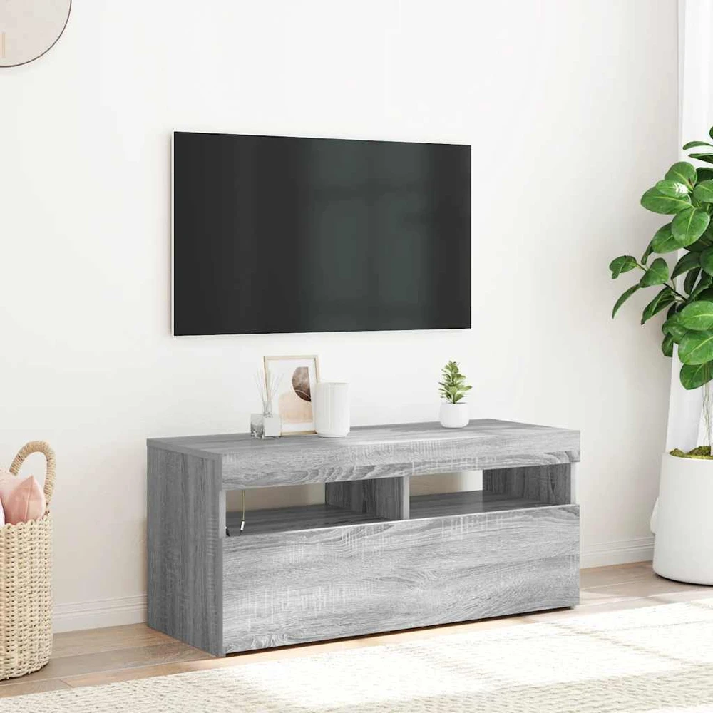 TV staliukas TV spintelė su LED apšvietimu, pilka ąžuolo, 90x35x40cm