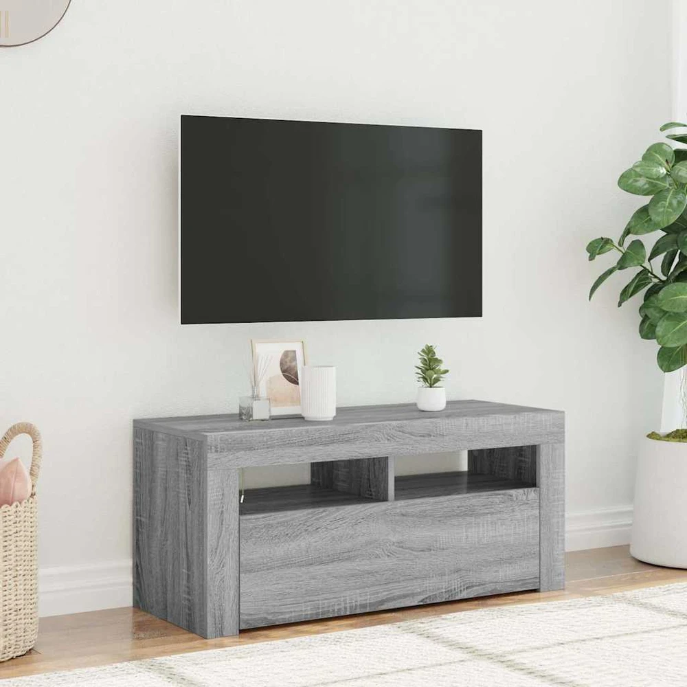TV staliukas TV spintelė su LED apšvietimu, pilka ąžuolo, 90x35x40cm