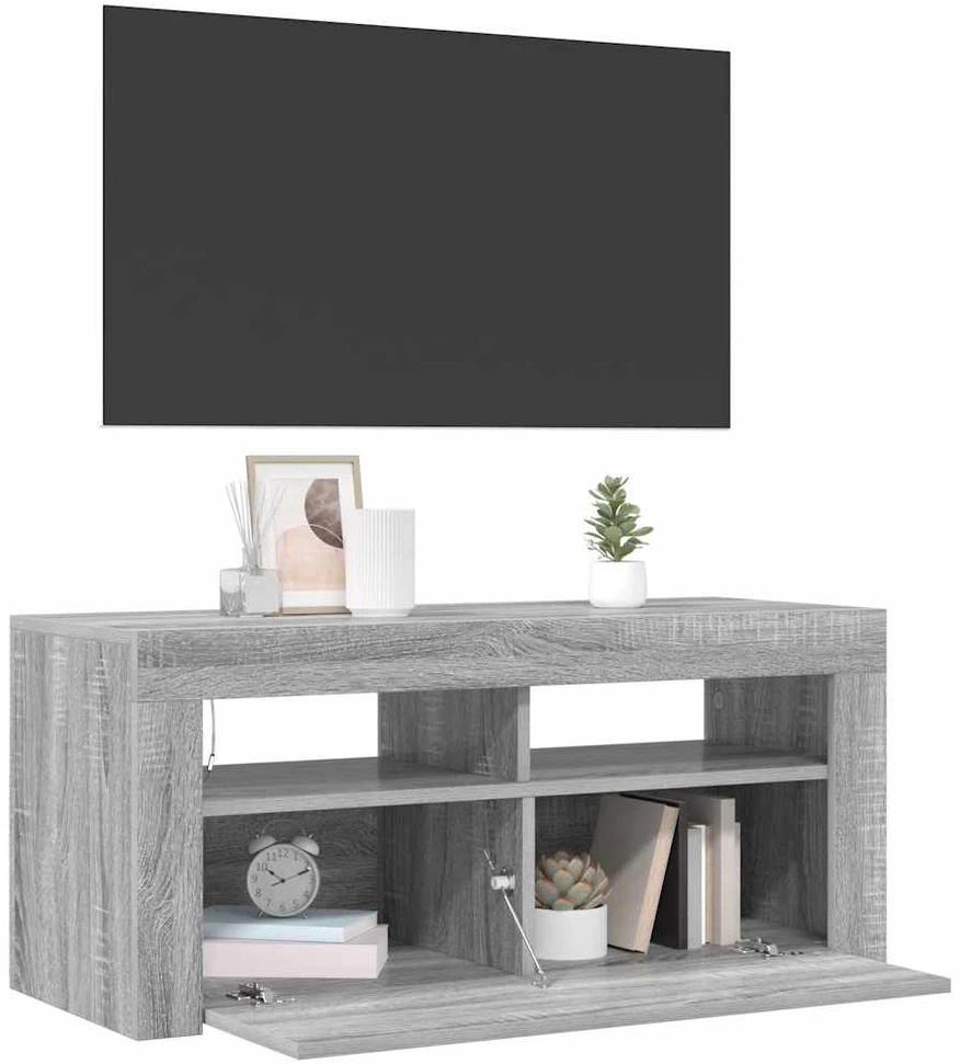 TV staliukas TV spintelė su LED apšvietimu, pilka ąžuolo, 90x35x40cm