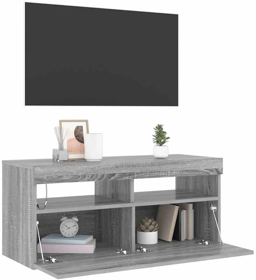 TV staliukas TV spintelė su LED apšvietimu, pilka ąžuolo, 90x35x40cm