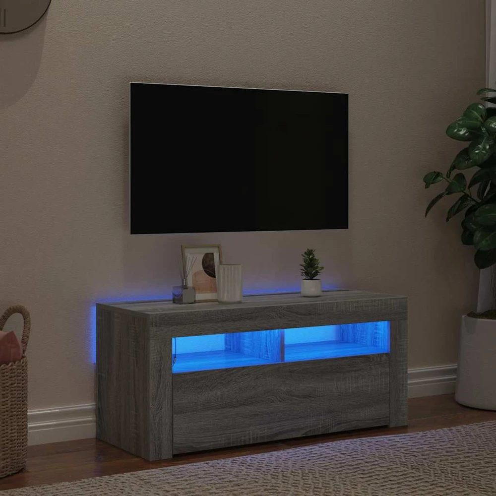 TV staliukas TV spintelė su LED apšvietimu, pilka ąžuolo, 90x35x40cm