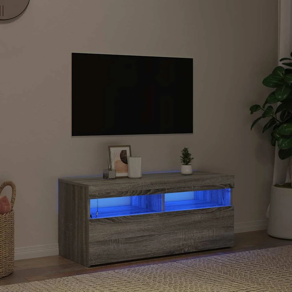 TV staliukas TV spintelė su LED apšvietimu, pilka ąžuolo, 90x35x40cm