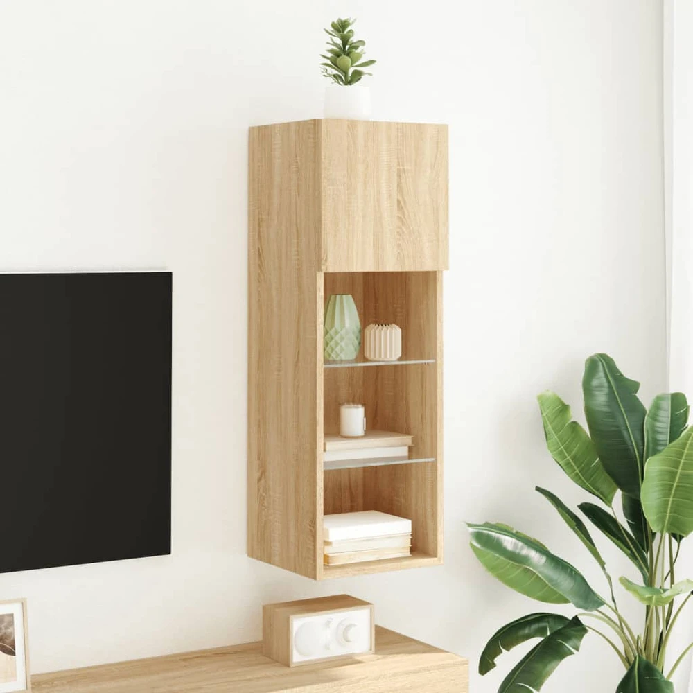 TV staliukas TV spintelė su LED lemputėmis, ąžuolo spalvos, 30,5x30x90cm