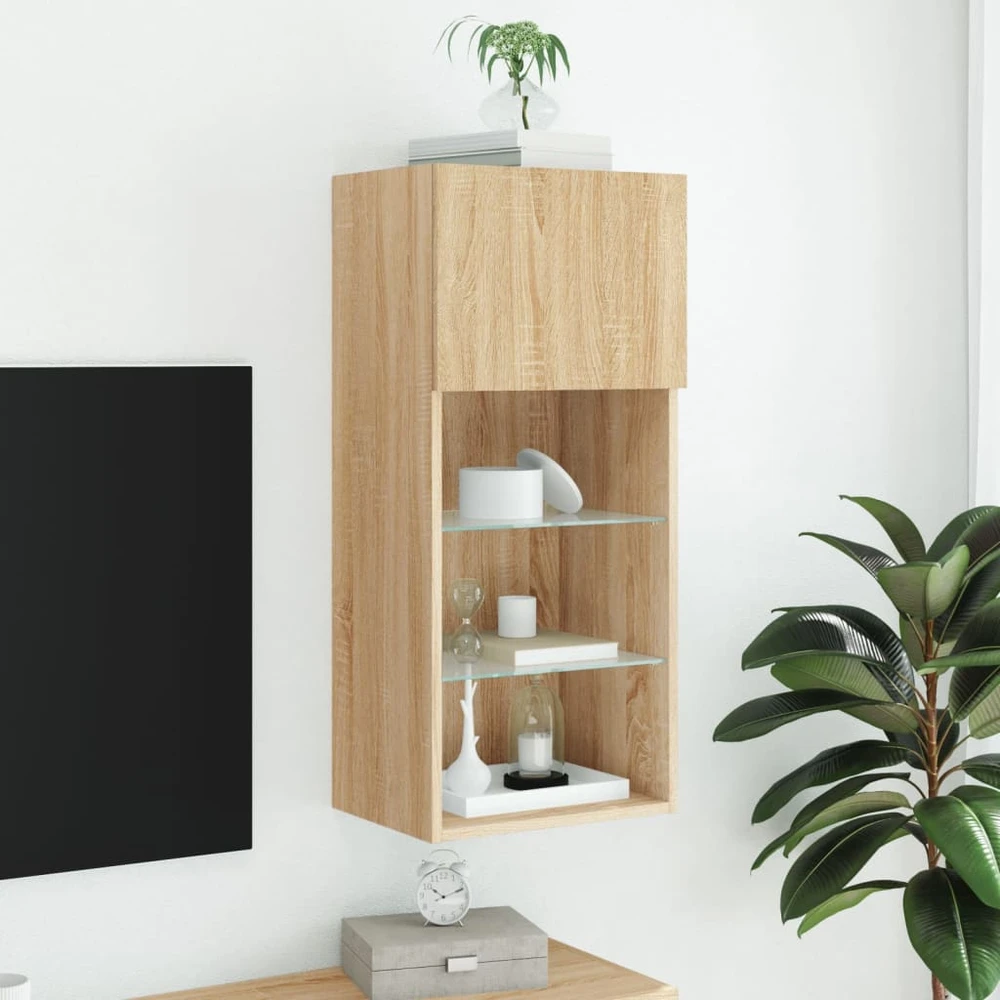 TV staliukas TV spintelė su LED lemputėmis, ąžuolo spalvos, 40,5x30x90cm
