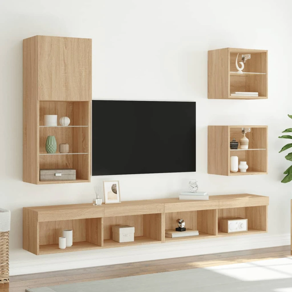 TV staliukas TV spintelė su LED lemputėmis, ąžuolo spalvos, 40,5x30x102cm
