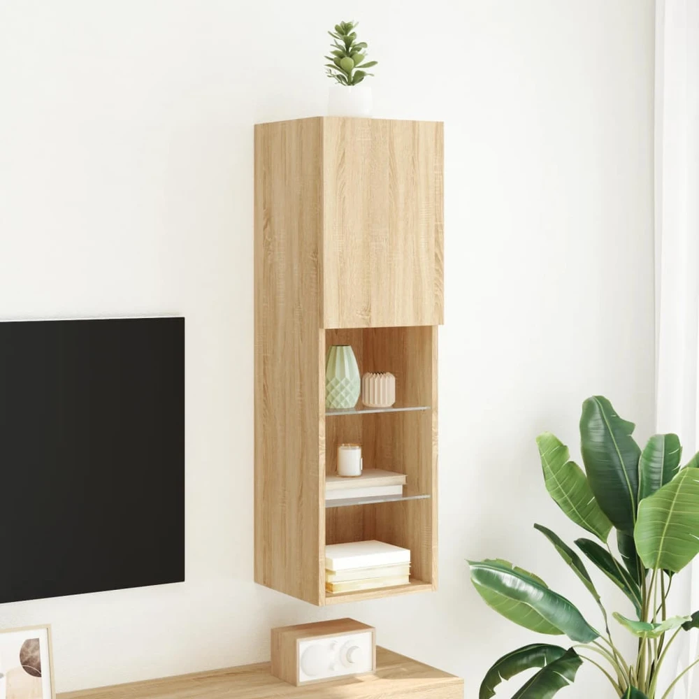 TV staliukas TV spintelė su LED lemputėmis, ąžuolo spalvos, 30,5x30x102cm