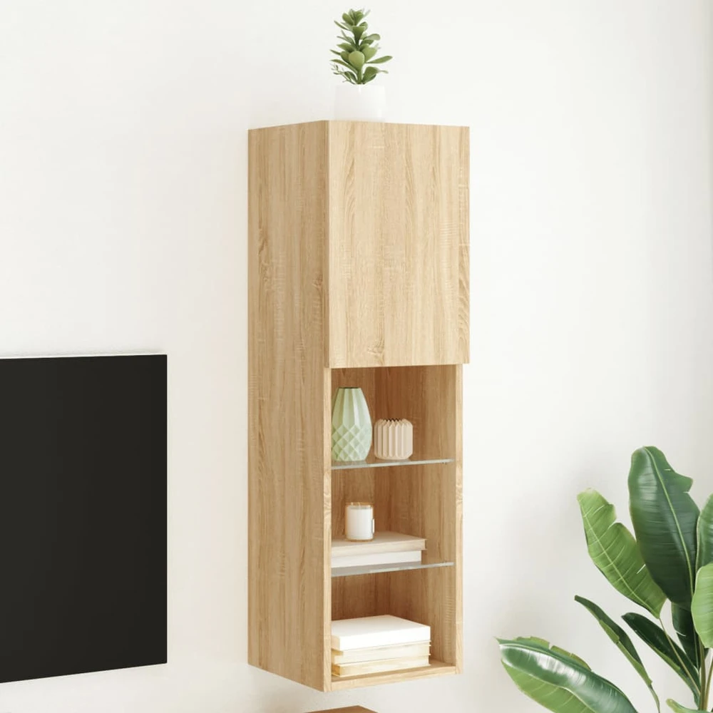 TV staliukas TV spintelė su LED lemputėmis, ąžuolo spalvos, 30,5x30x102cm