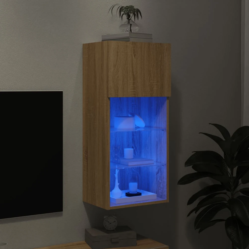 TV staliukas TV spintelė su LED lemputėmis, ąžuolo spalvos, 40,5x30x90cm