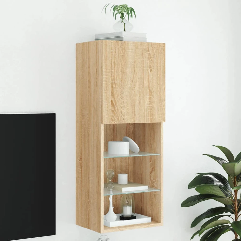 TV staliukas TV spintelė su LED lemputėmis, ąžuolo spalvos, 40,5x30x102cm