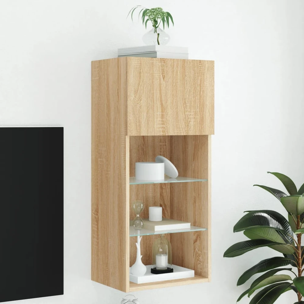 TV staliukas TV spintelė su LED lemputėmis, ąžuolo spalvos, 40,5x30x90cm