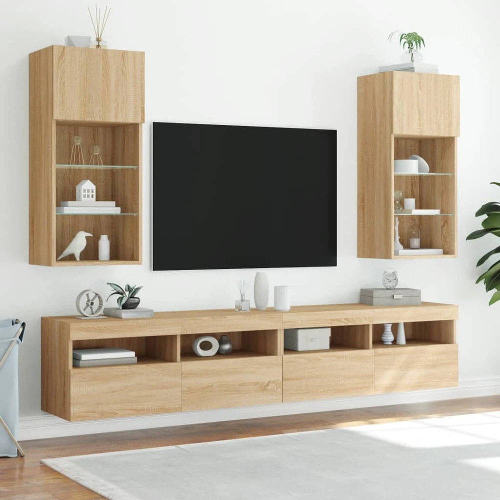 TV staliukas TV spintelė su LED lemputėmis, ąžuolo spalvos, 40,5x30x90cm