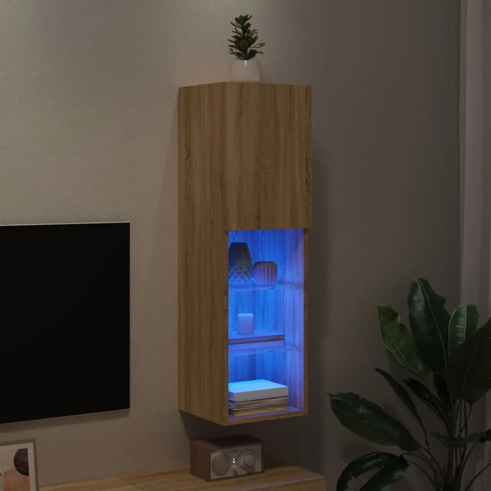 TV staliukas TV spintelė su LED lemputėmis, ąžuolo spalvos, 30,5x30x102cm