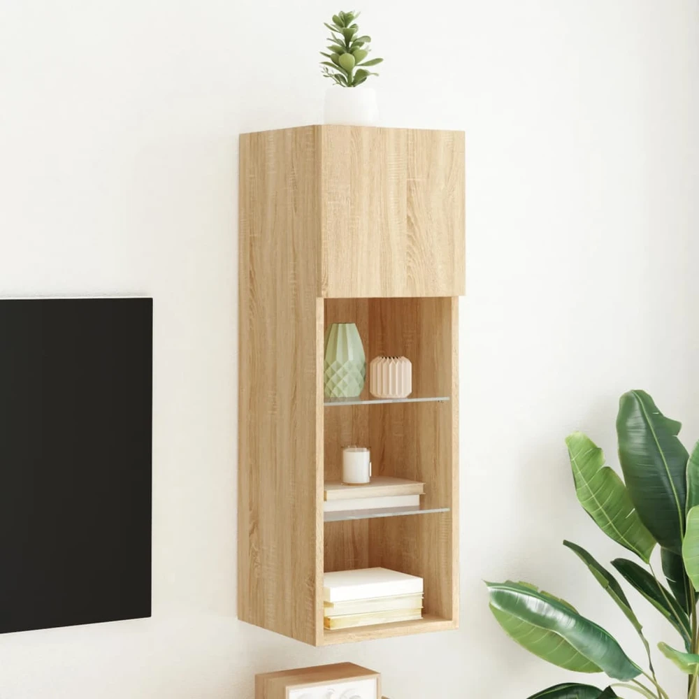 TV staliukas TV spintelė su LED lemputėmis, ąžuolo spalvos, 30,5x30x90cm