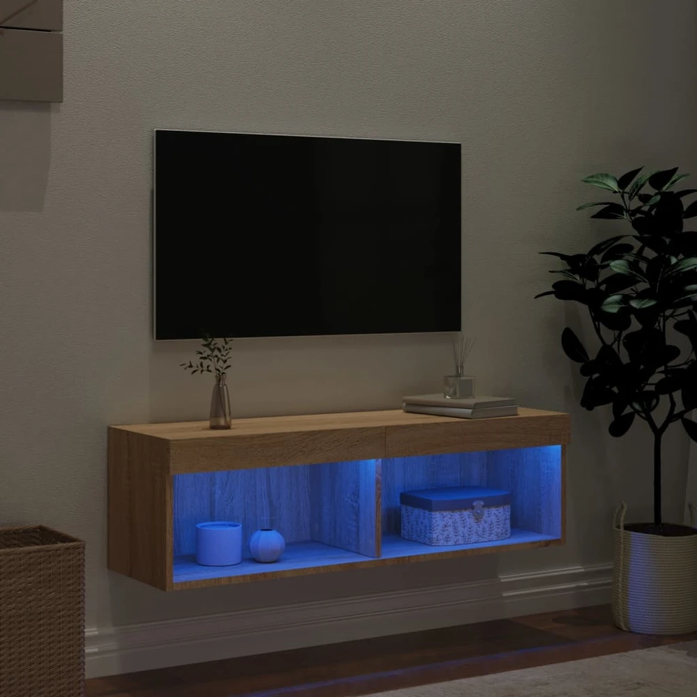 TV staliukas TV spintelė su LED lemputėmis, ąžuolo spalvos, 100x30x30cm