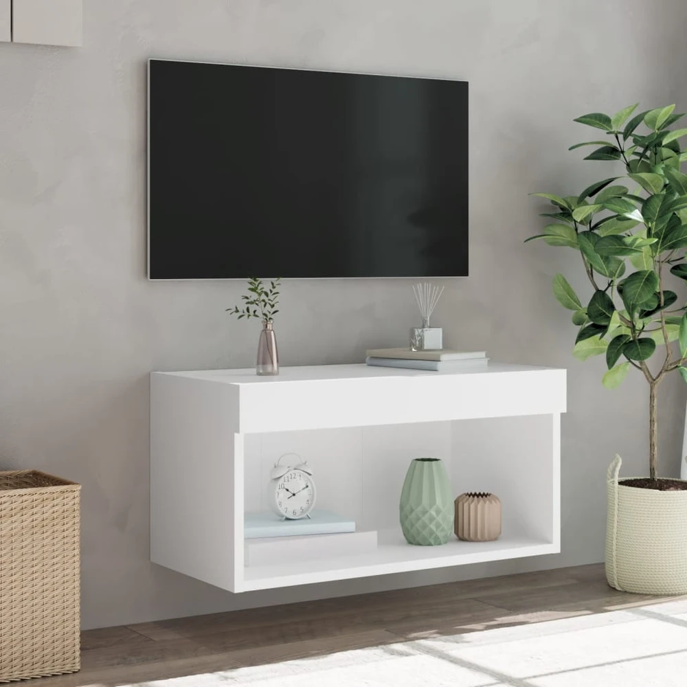 TV staliukas TV spintelė su LED lemputėmis, baltos spalvos, 60x30x30cm