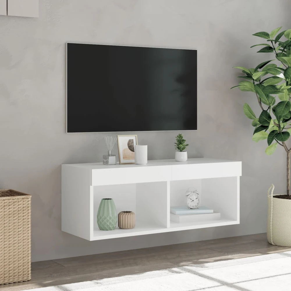 TV staliukas TV spintelė su LED lemputėmis, baltos spalvos, 80x30x30cm