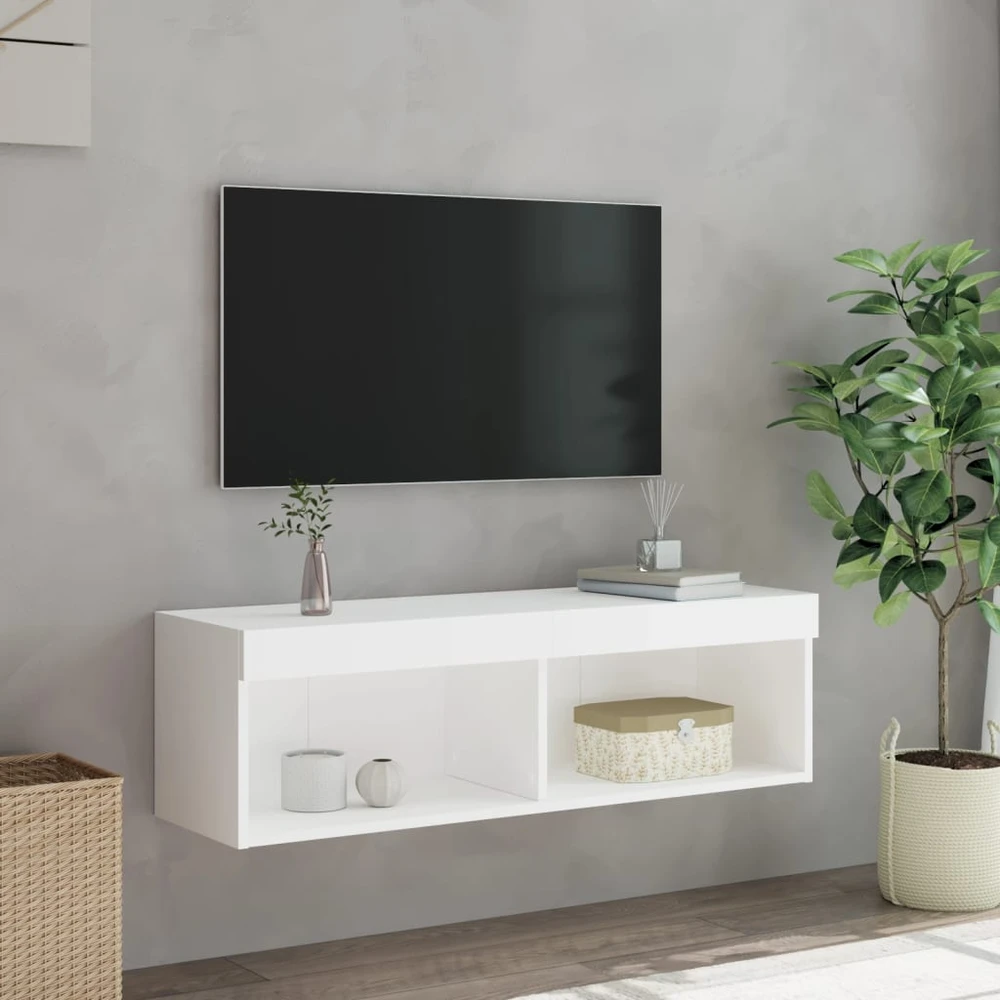 TV staliukas TV spintelė su LED lemputėmis, baltos spalvos, 100x30x30cm