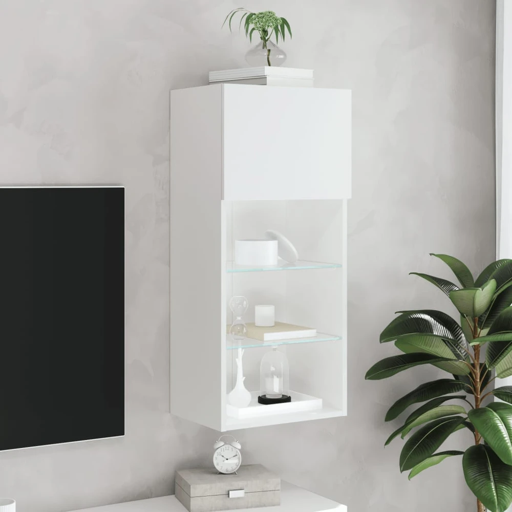 TV staliukas TV spintelė su LED lemputėmis, baltos spalvos, 40,5x30x90cm