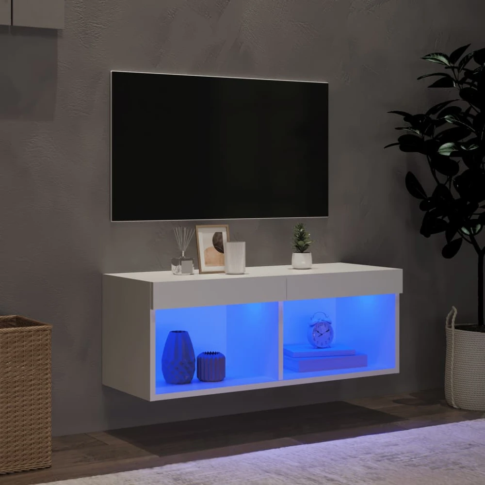 TV staliukas TV spintelė su LED lemputėmis, baltos spalvos, 80x30x30cm