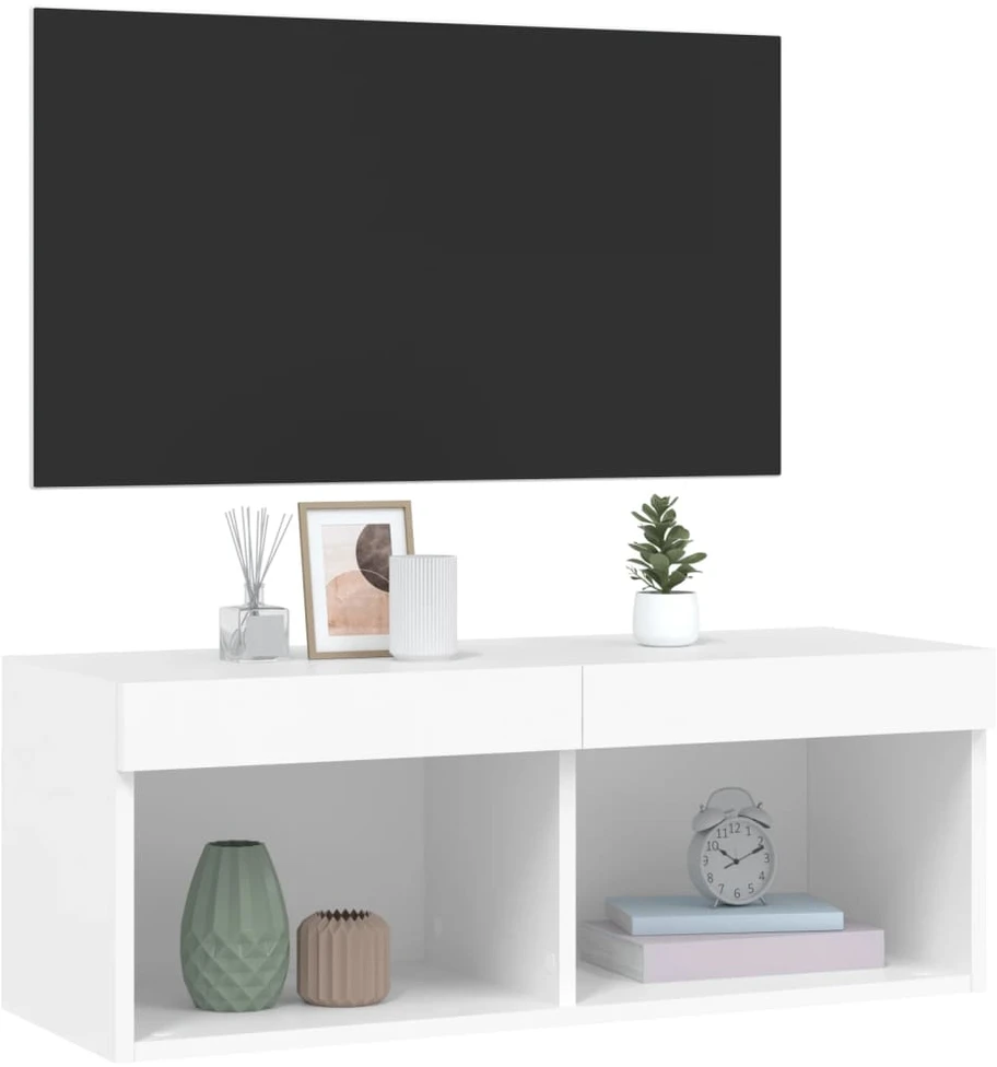 TV staliukas TV spintelė su LED lemputėmis, baltos spalvos, 80x30x30cm