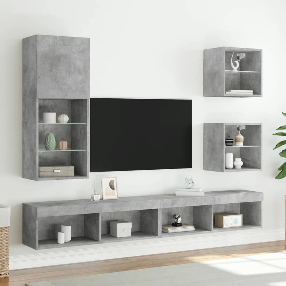 TV staliukas TV spintelė su LED lemputėmis, betono pilka, 40,5x30x102cm