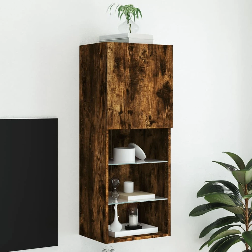 TV staliukas TV spintelė su LED lemputėmis, dūminio ąžuolo, 40,5x30x102cm