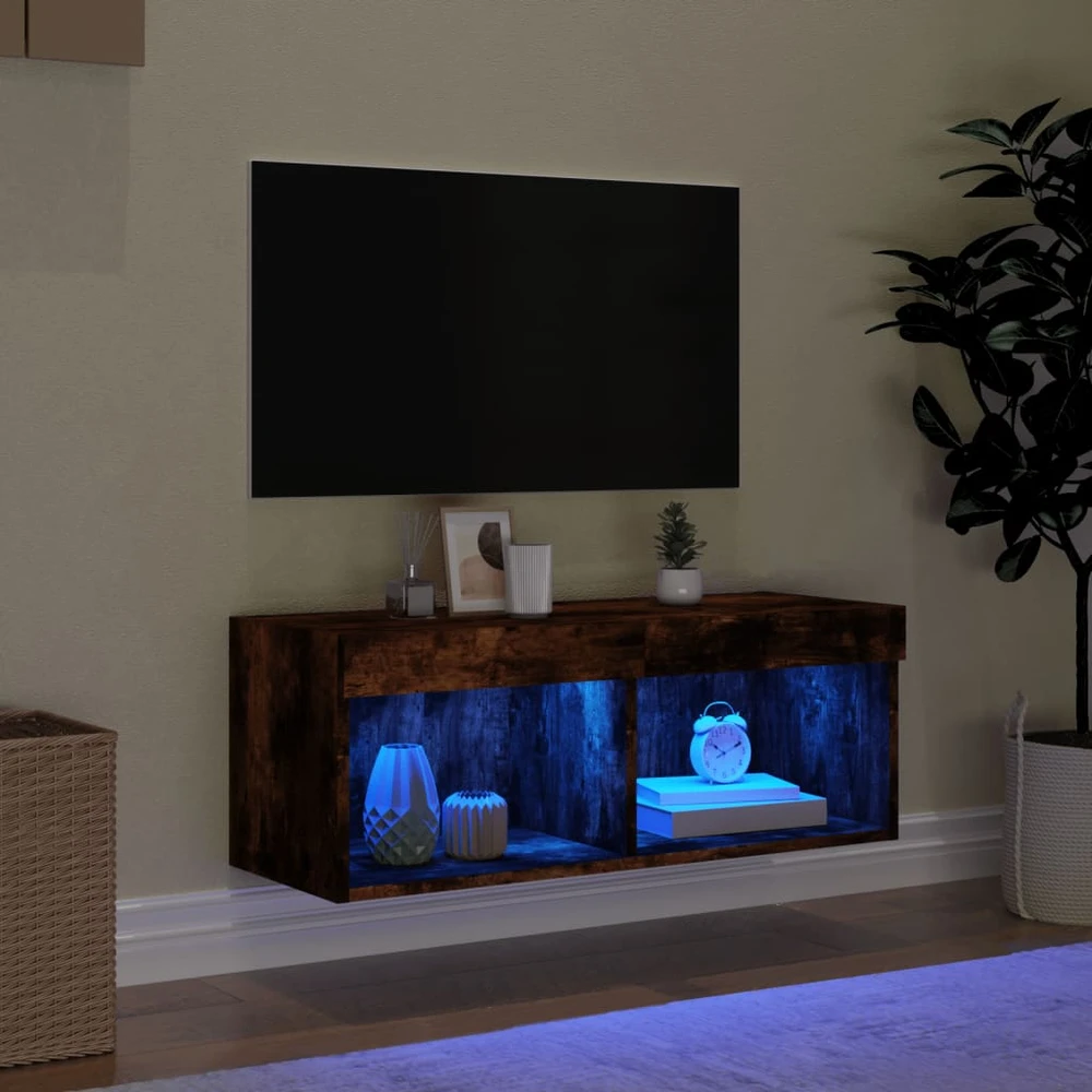 TV staliukas TV spintelė su LED lemputėmis, dūminio ąžuolo, 80x30x30cm