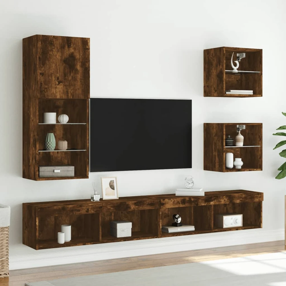 TV staliukas TV spintelė su LED lemputėmis, dūminio ąžuolo, 40,5x30x102cm