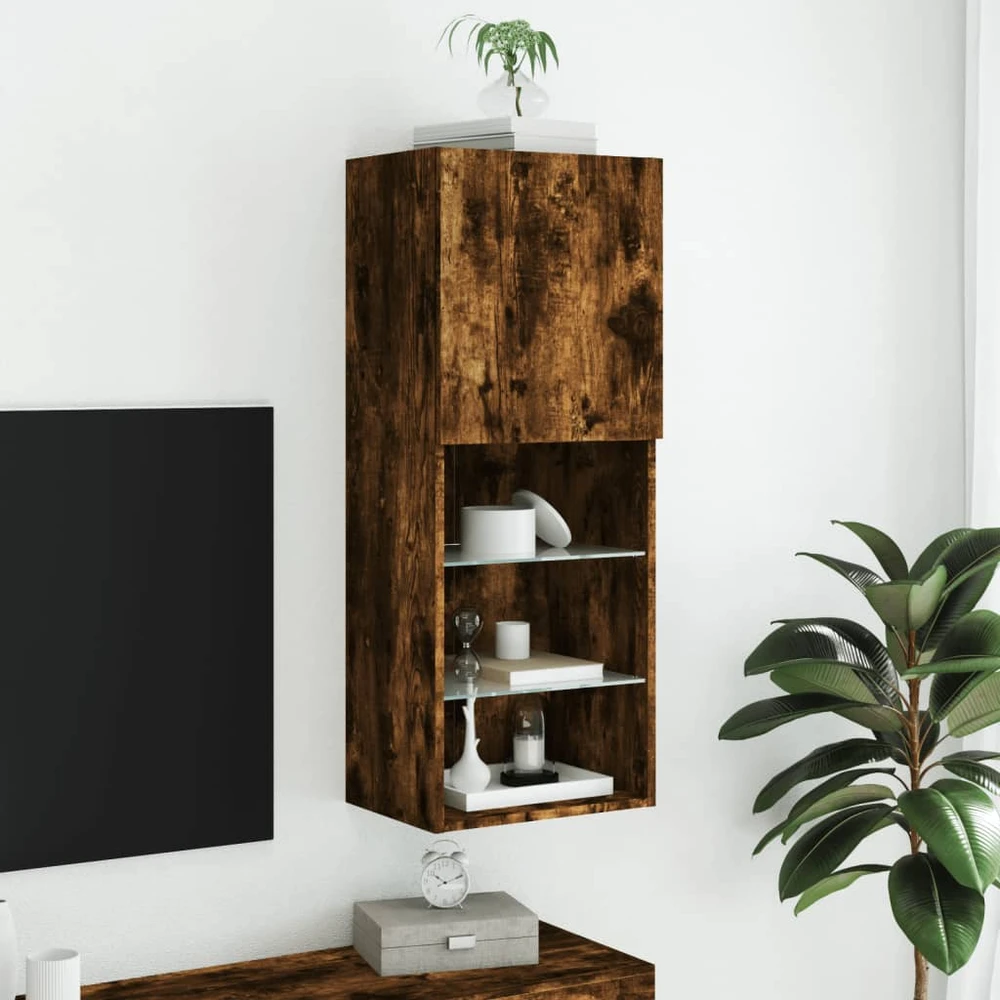 TV staliukas TV spintelė su LED lemputėmis, dūminio ąžuolo, 40,5x30x102cm