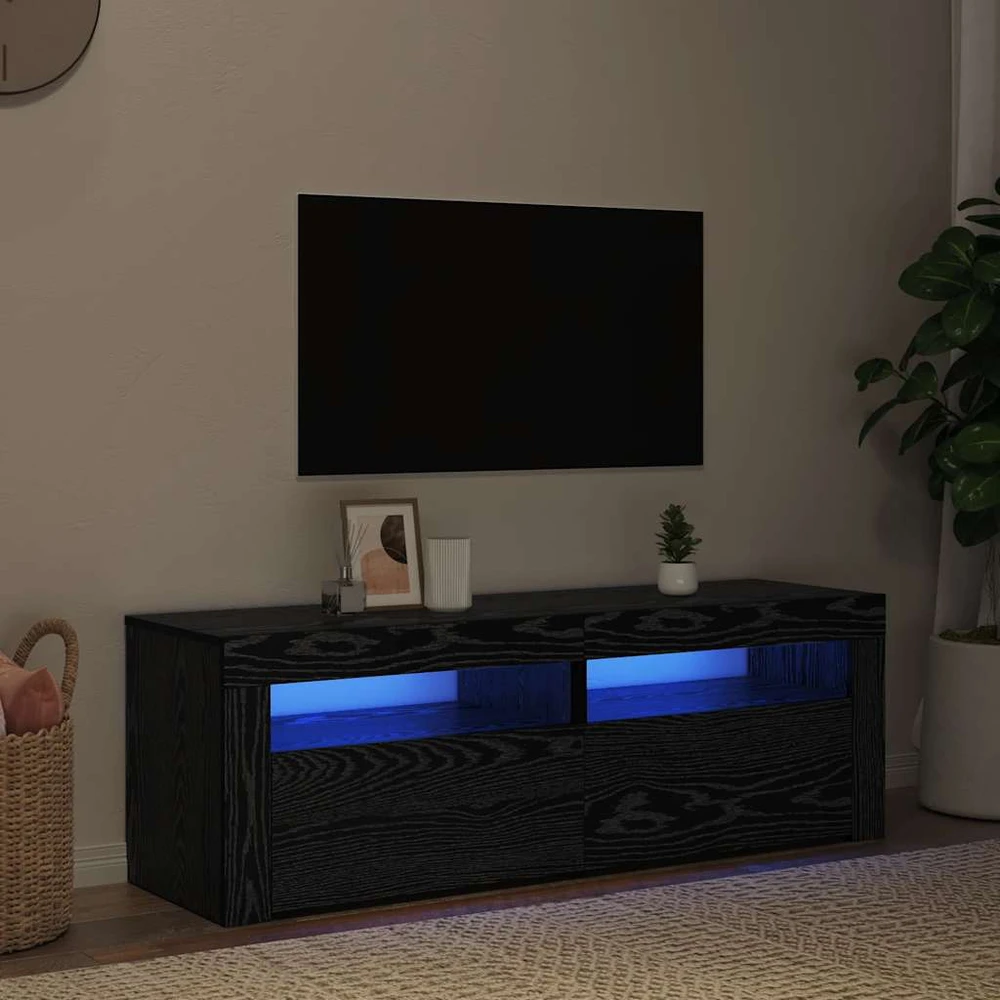 TV staliukas TV spintelė su LED lemputėmis, juodo ąžuolo spalvos, 120x35x40cm, inžinerinė mediena