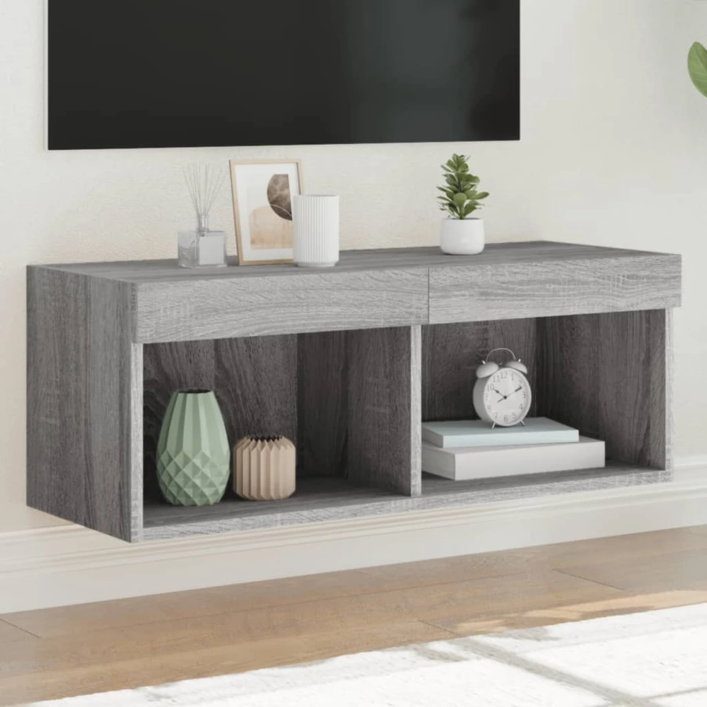 TV staliukas TV spintelė su LED lemputėmis, pilka ąžuolo, 80x30x30cm