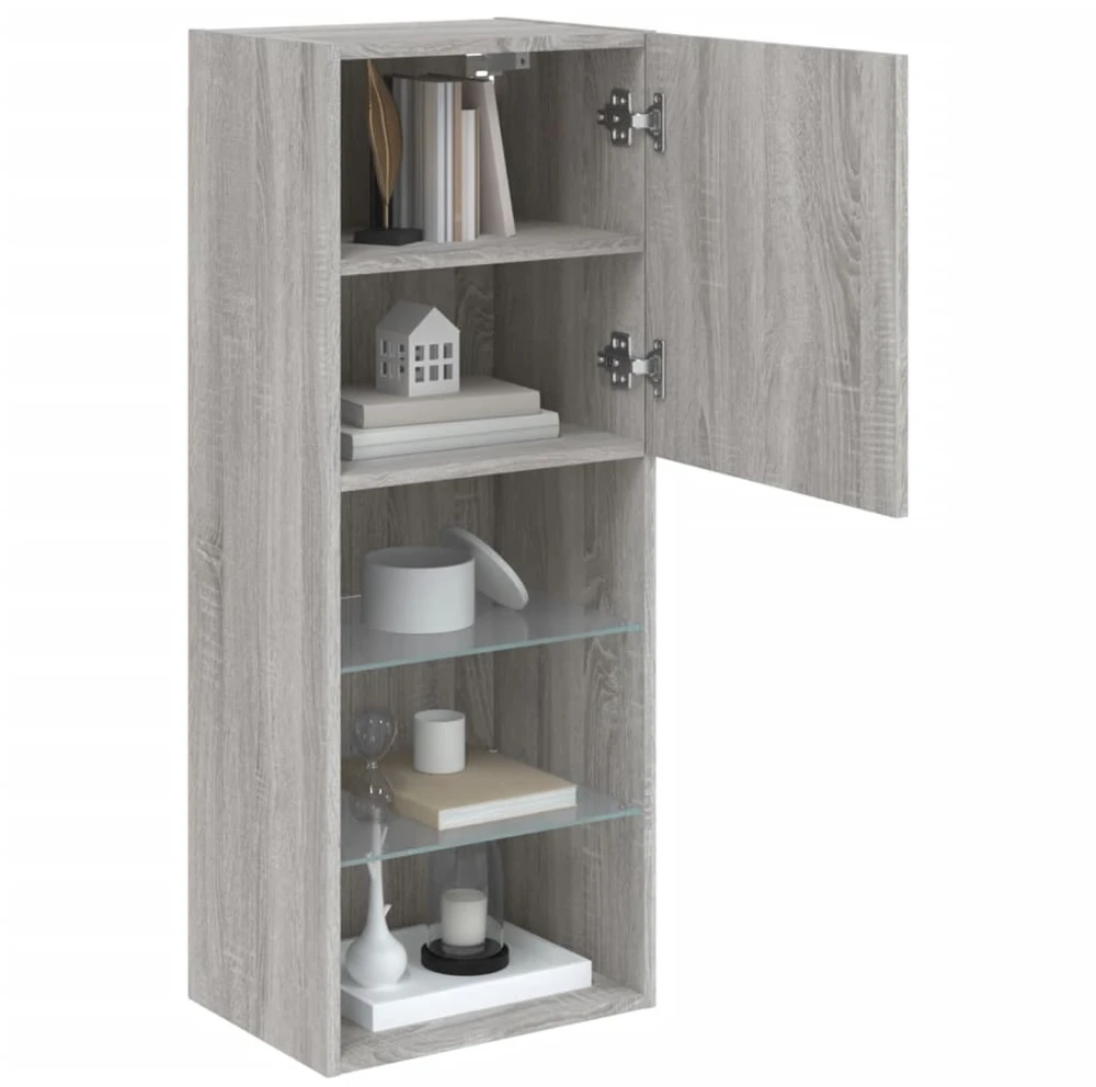 TV staliukas TV spintelė su LED lemputėmis, pilka ąžuolo, 40,5x30x102cm
