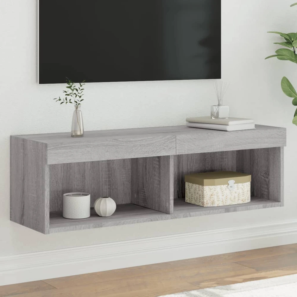 TV staliukas TV spintelė su LED lemputėmis, pilka ąžuolo, 100x30x30cm