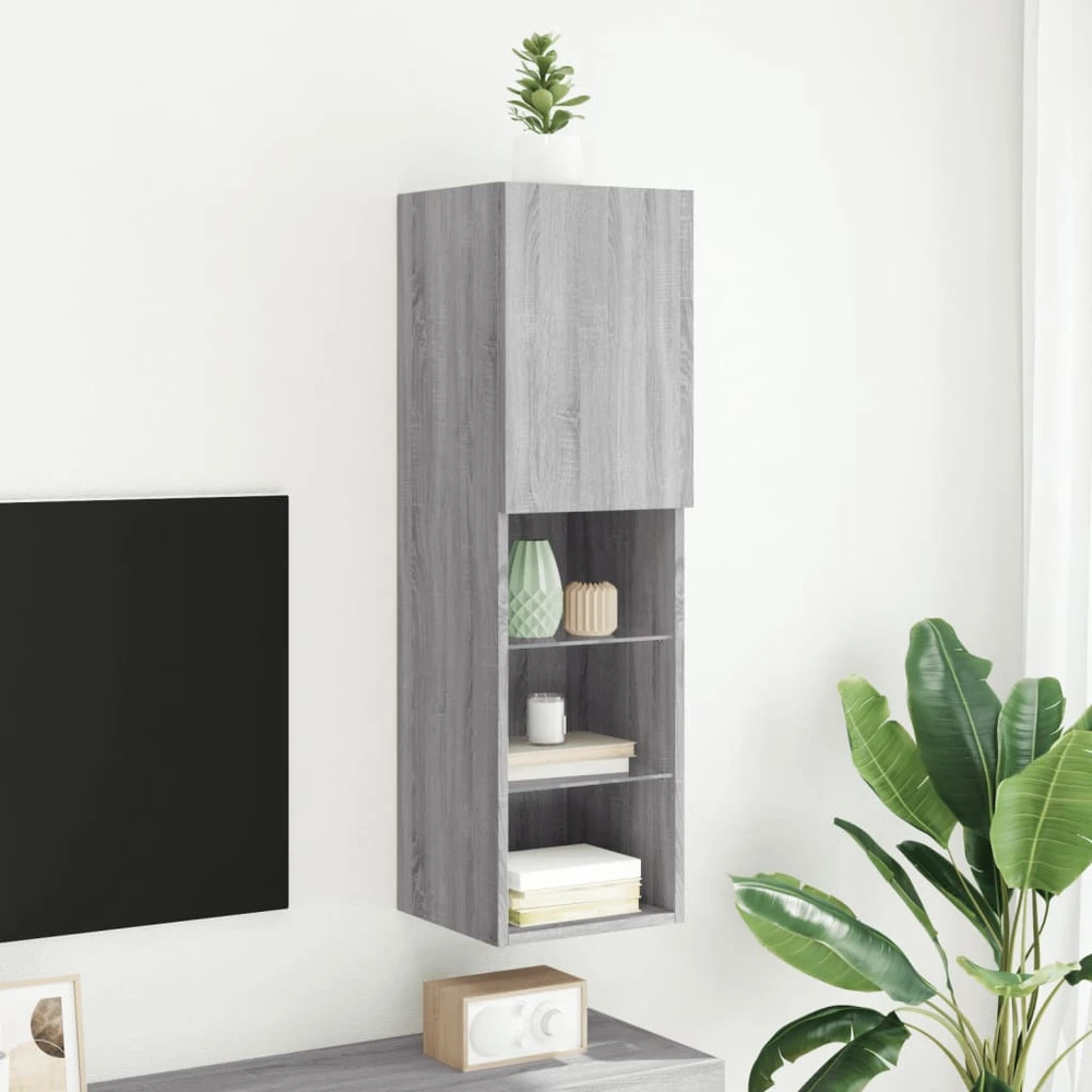 TV staliukas TV spintelė su LED lemputėmis, pilka ąžuolo, 30,5x30x102cm