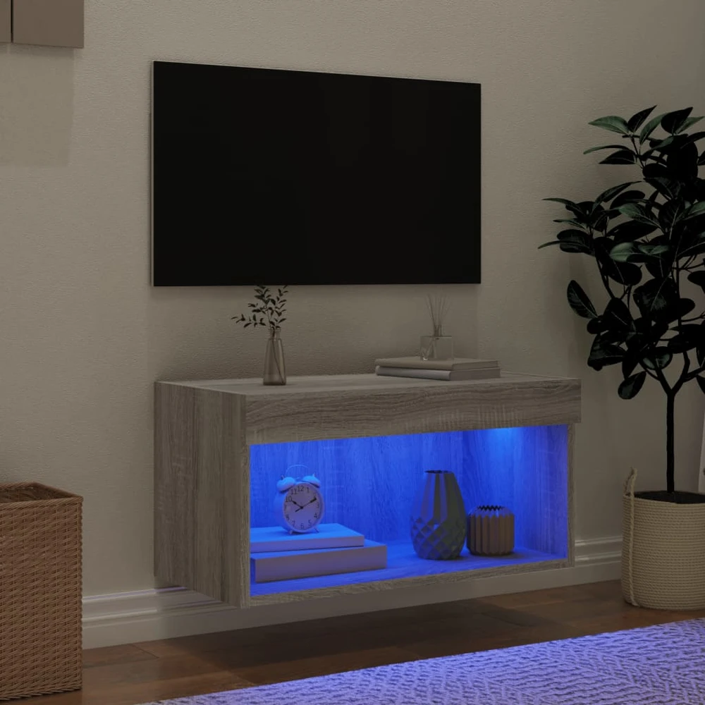 TV spintelė su LED lemputėmis, pilka ąžuolo, 60x30x30cm
