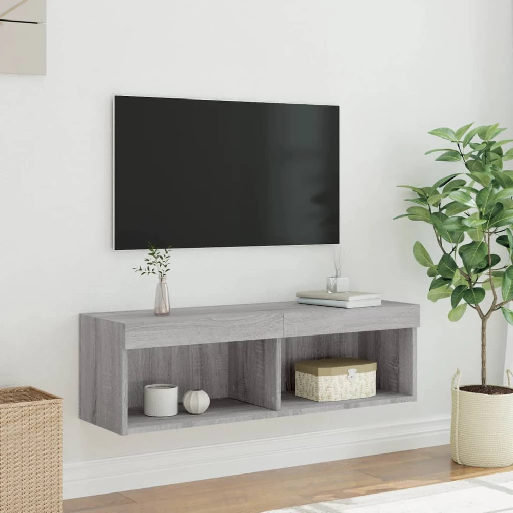 TV staliukas TV spintelė su LED lemputėmis, pilka ąžuolo, 100x30x30cm