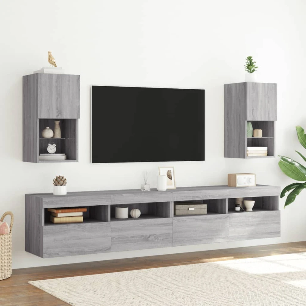 TV staliukas TV spintelė su LED lemputėmis, pilka ąžuolo, 30,5x30x60cm
