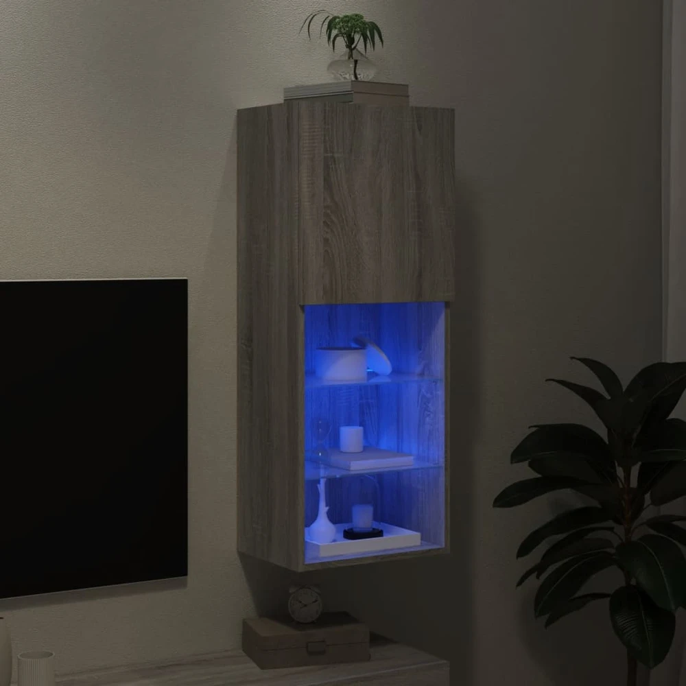 TV staliukas TV spintelė su LED lemputėmis, pilka ąžuolo, 40,5x30x102cm