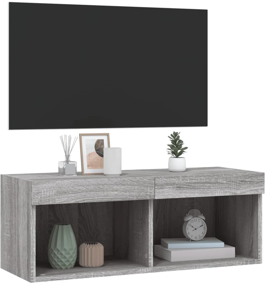 TV staliukas TV spintelė su LED lemputėmis, pilka ąžuolo, 80x30x30cm