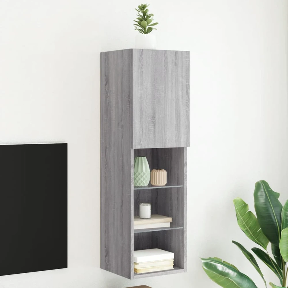 TV staliukas TV spintelė su LED lemputėmis, pilka ąžuolo, 30,5x30x102cm