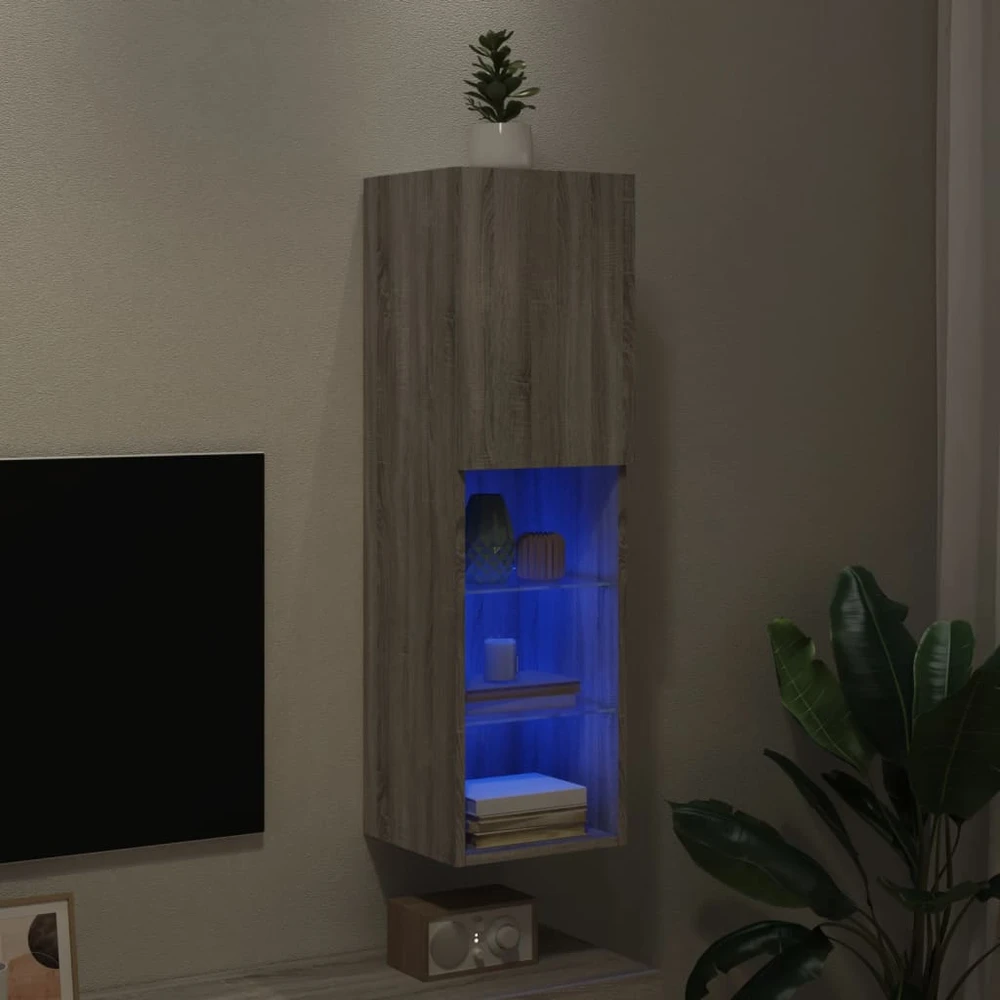 TV staliukas TV spintelė su LED lemputėmis, pilka ąžuolo, 30,5x30x102cm
