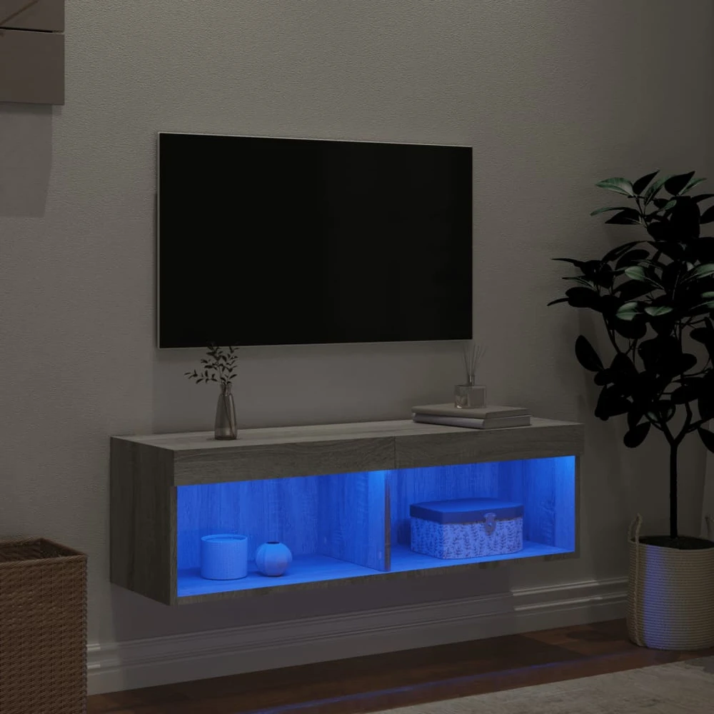 TV staliukas TV spintelė su LED lemputėmis, pilka ąžuolo, 100x30x30cm
