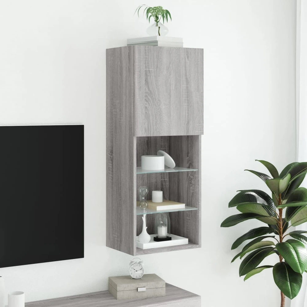 TV staliukas TV spintelė su LED lemputėmis, pilka ąžuolo, 40,5x30x102cm