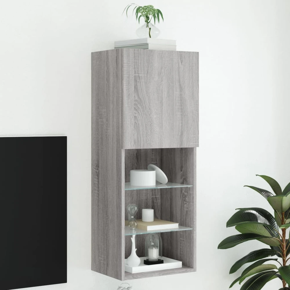 TV staliukas TV spintelė su LED lemputėmis, pilka ąžuolo, 40,5x30x102cm