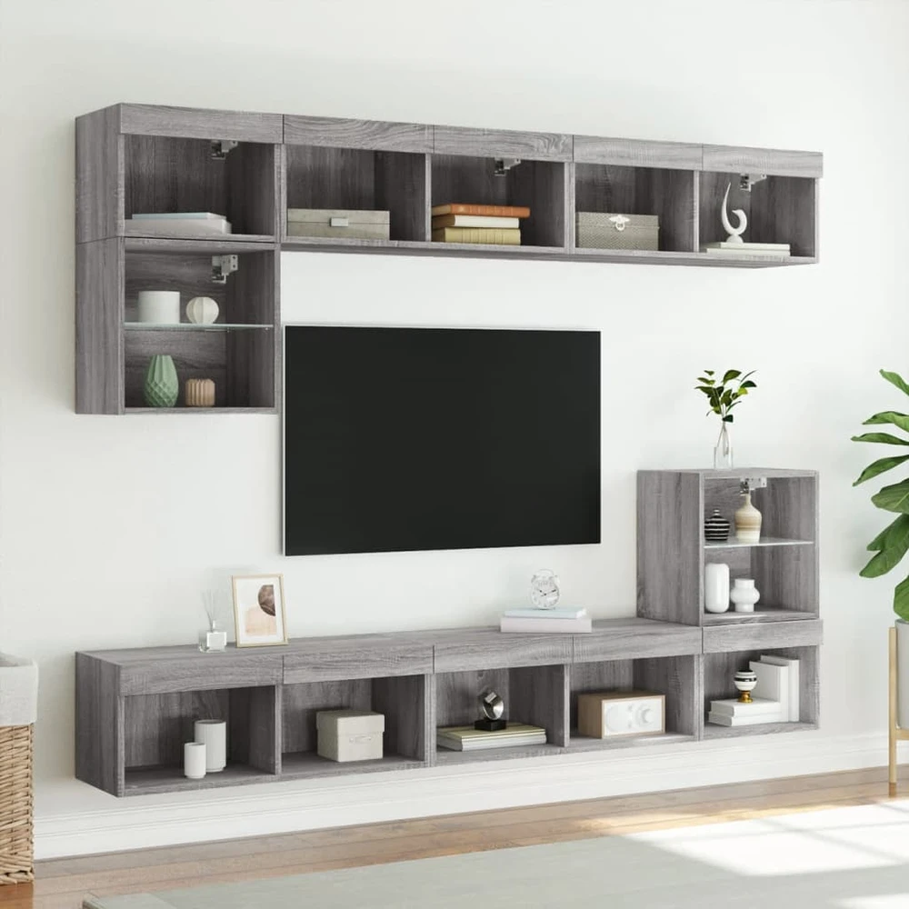 TV staliukas TV spintelė su LED lemputėmis, pilka ąžuolo, 80x30x30cm