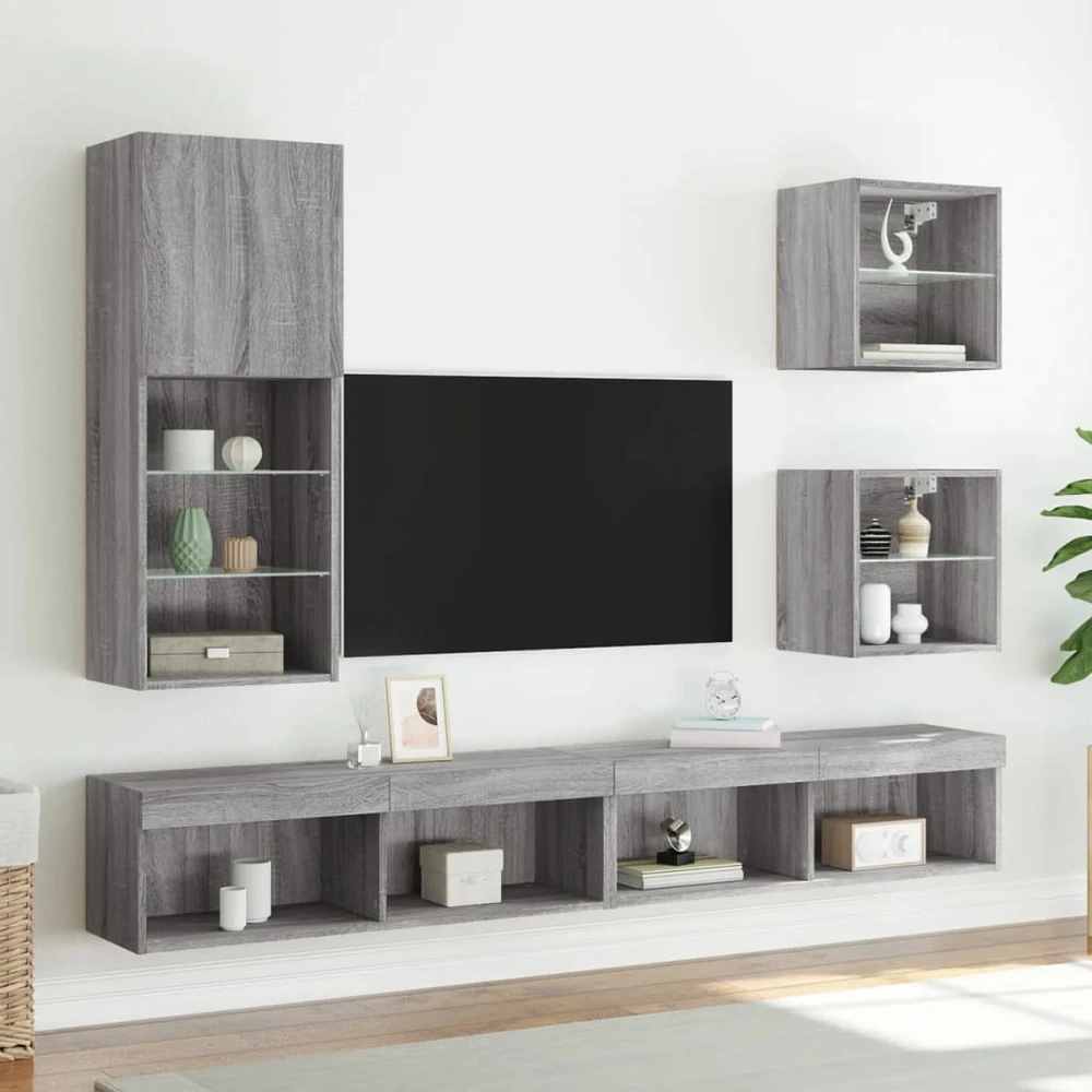 TV staliukas TV spintelė su LED lemputėmis, pilka ąžuolo, 40,5x30x102cm
